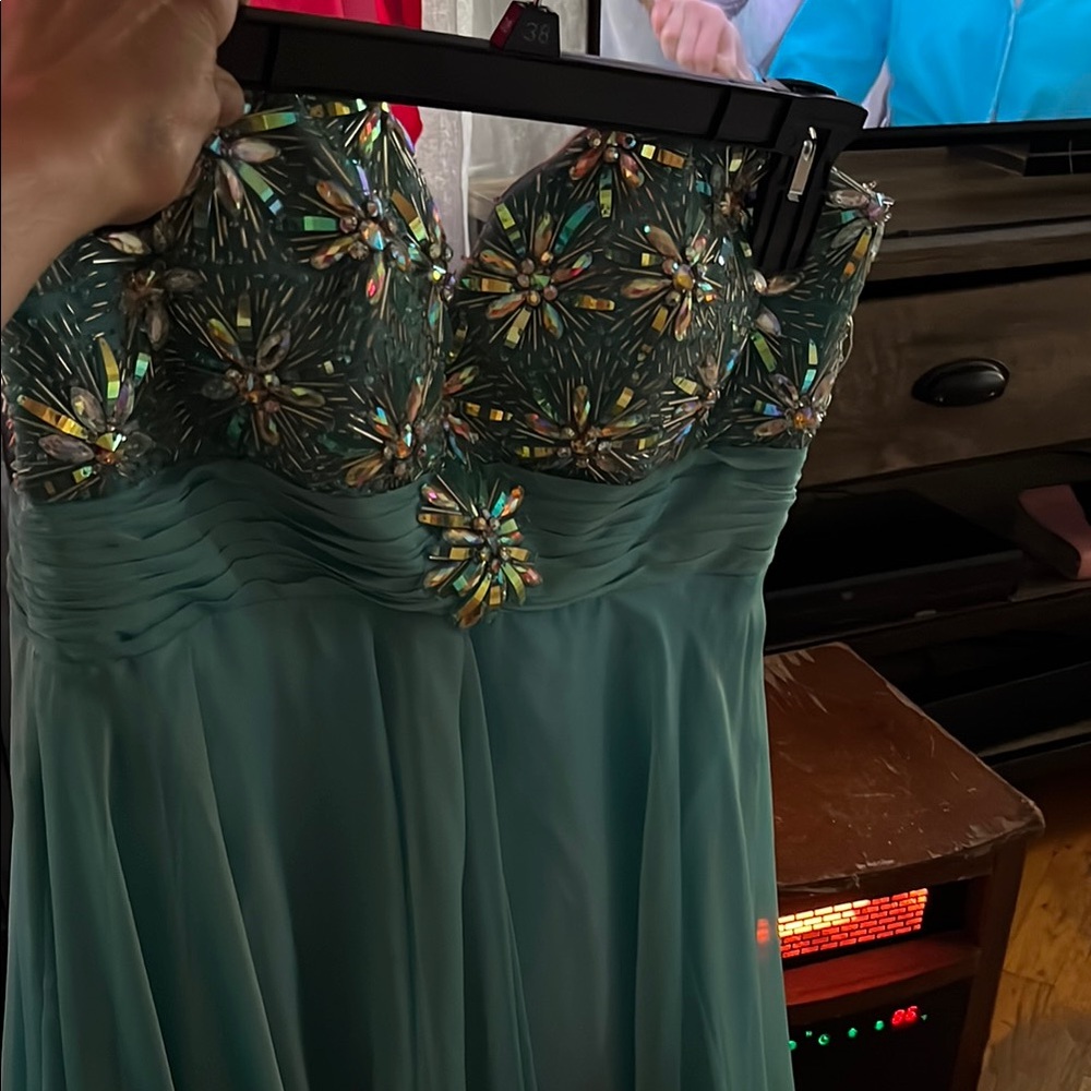 Embellished Strapless Green Gown